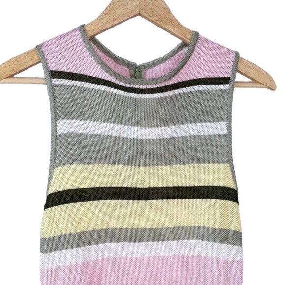 St. John Sport Knit Top Green Small Pink Yellow Sleeveless Back Zipper Striped - Picture 2 of 6